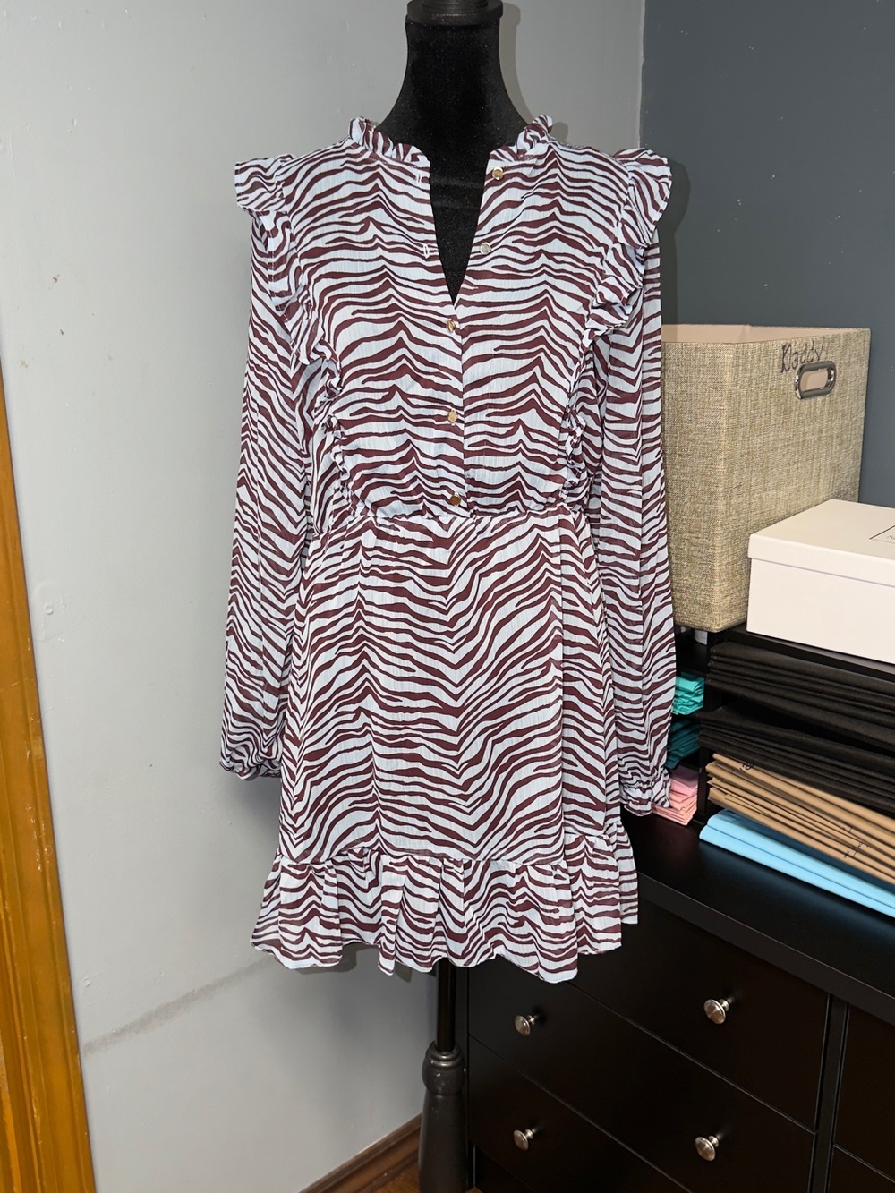 Miss Selfridge Maroon and White Zebra-Print Ruffle Long-Sleeve Dress